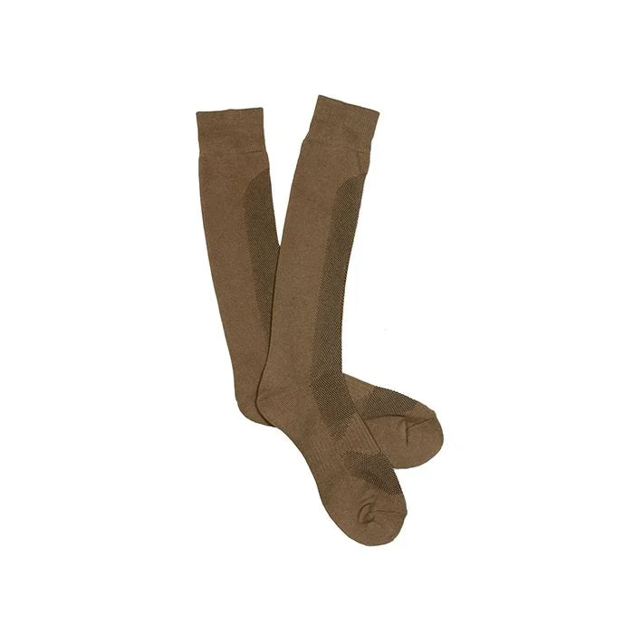 Tan moisture-wicking tactical socks featuring breathable instep mesh panels and reinforced terry loop cushioning at the heel and toe.