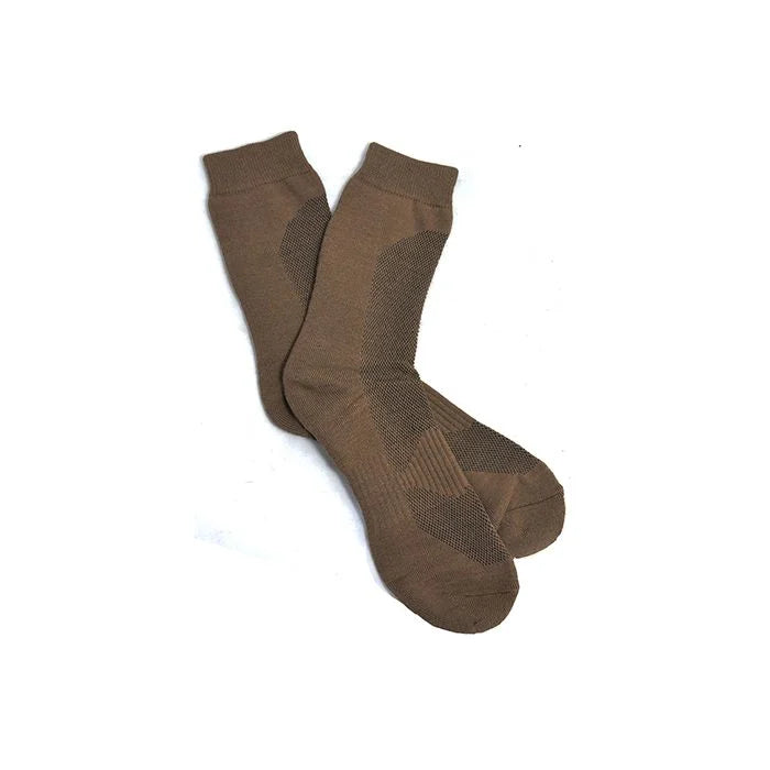 Pair of tan tactical mid-calf socks with advanced Coolmax moisture-wicking fibers and ergonomic mesh ventilation for superior trail comfort.