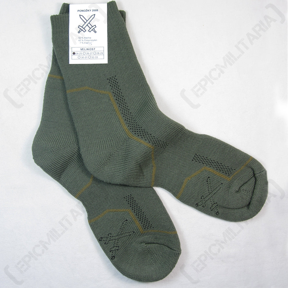 Pair of genuine Czech Army vz. 2008 thermal socks in olive green featuring reinforced toes with the official Czech Armed Forces crossed swords emblem.