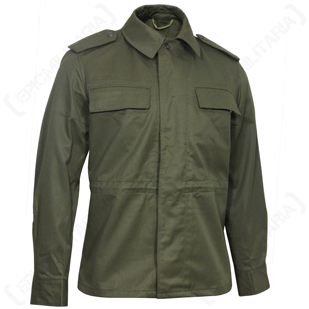 Front view of an authentic M85 Czech olive green field jacket featuring button-up placket, two chest pockets, shoulder epaulets, and a cotton-poly construction.
