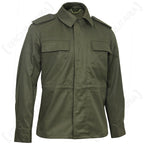 Front view of an authentic M85 Czech olive green field jacket featuring button-up placket, two chest pockets, shoulder epaulets, and a cotton-poly construction.