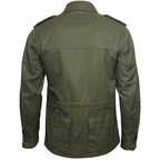 Rear view of the M85 Czech military field jacket showing its classic olive green design, buttoned lower hip pockets, and adjustable waistline features.