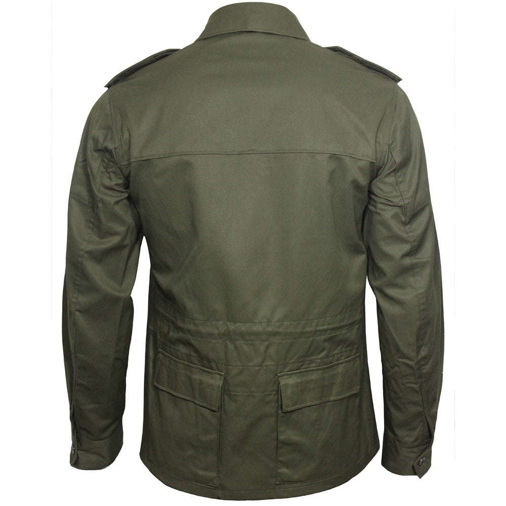 Rear view of the M85 Czech military field jacket showing its classic olive green design, buttoned lower hip pockets, and adjustable waistline features.