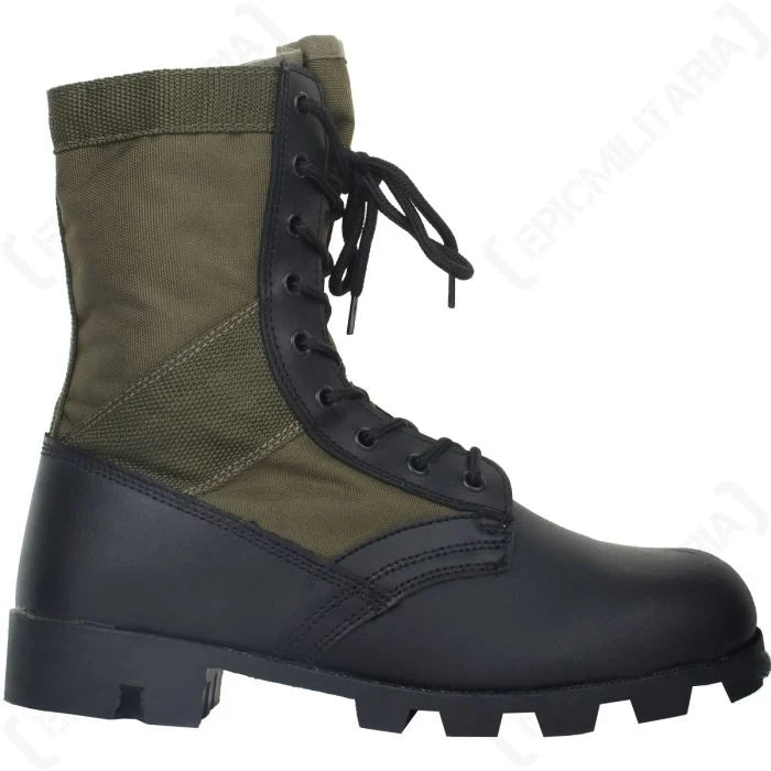 Right profile view of US Panama jungle boot with olive polyester side panel and Panama lug tread