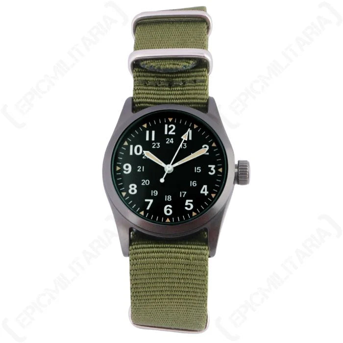 Direct front view of the sterile black dial with 12 and 24-hour military markings