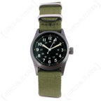 Direct front view of the sterile black dial with 12 and 24-hour military markings