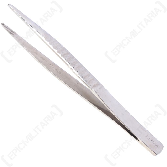 Polish Army stainless steel medical tweezers showing serrated grip tip and stamped markings
