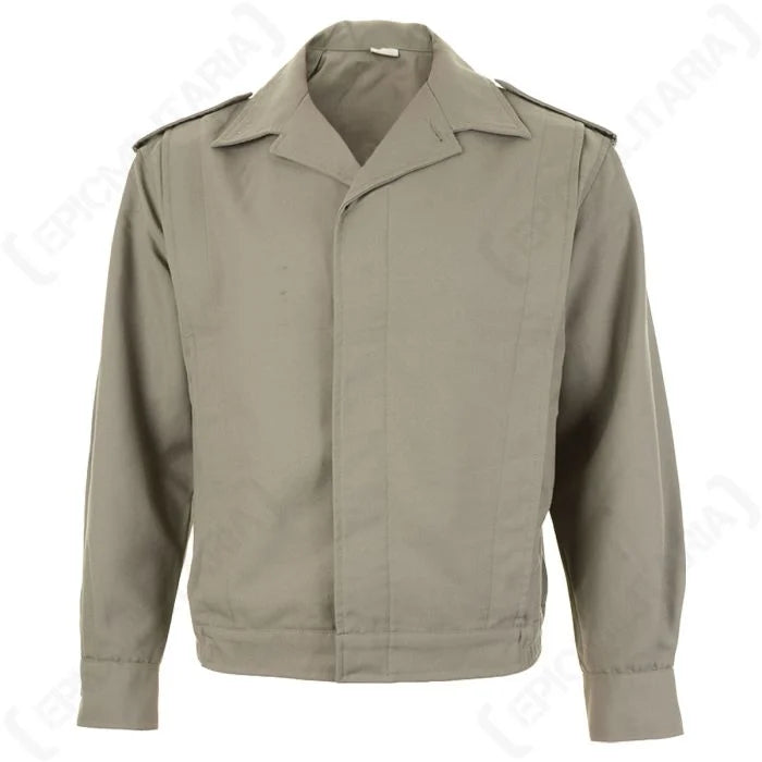 Front view of original French Army Ike jacket in grey twill fabric