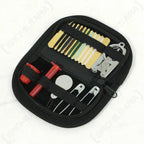Tactical sewing kit open showing scissors, needles, thread, and thimble in nylon case