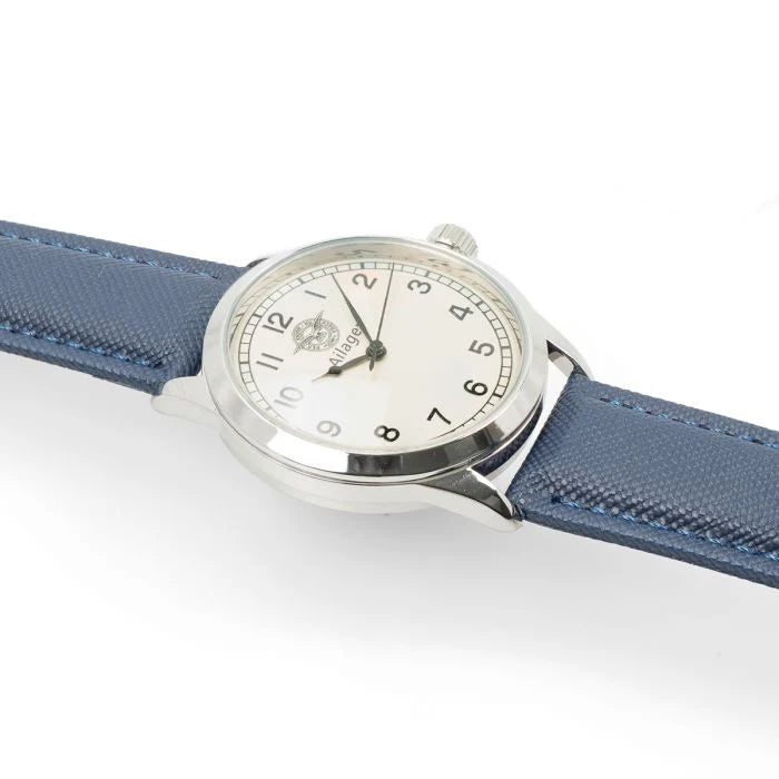 Angled profile view of the 37mm polished case, domed glass crystal, and ribbed crown