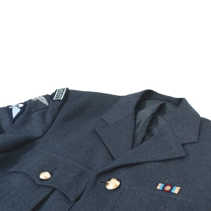 Close-up of lapels, medal ribbon bar, and Staybrite buttons on British RAF No1 dress tunic