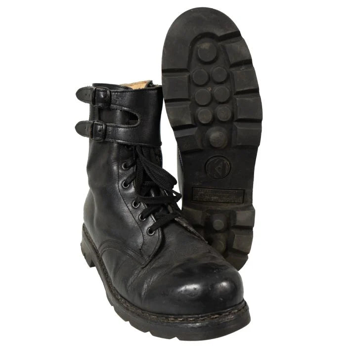 Front view of original Austrian Army double buckle combat boots with standard lugged rubber soles.