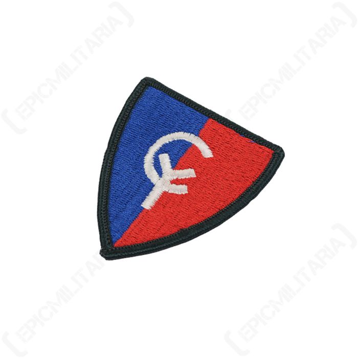 US 38th Infantry Cyclone Division red and blue shield patch angled close up
