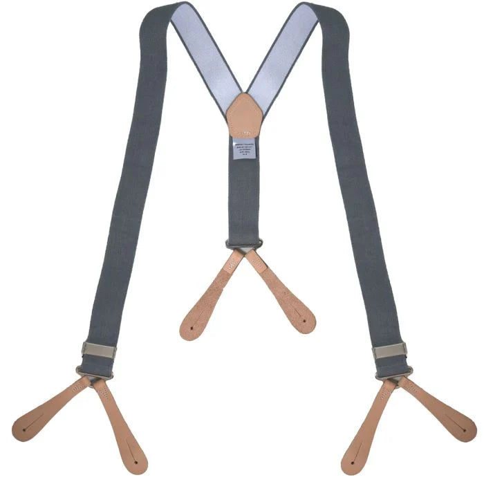 Original British Army grey elasticated braces with tan leather button tabs in a Y-back design