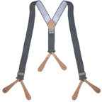 Original British Army grey elasticated braces with tan leather button tabs in a Y-back design