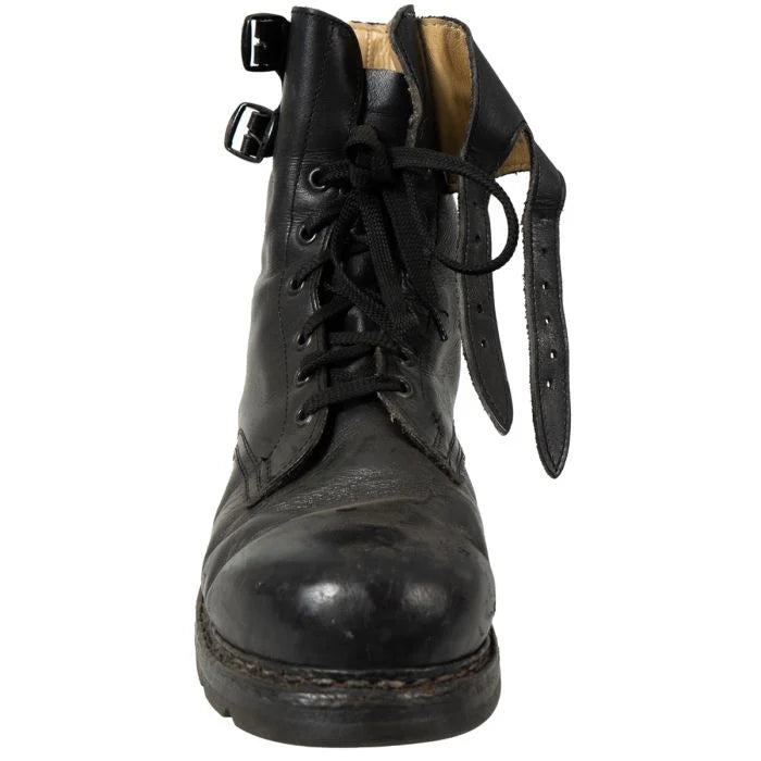 Front-facing view of a single Austrian Army M75 Feldschuh boot with unbuckled ankle straps.