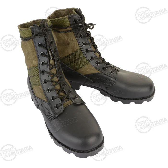 Top side view of pair showing black leather foot section and olive drab canvas shaft