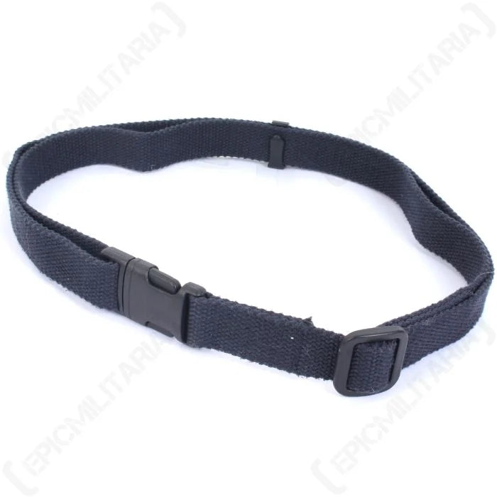 Perspective view of Dutch military blue webbing equipment strap and plastic loop adjuster