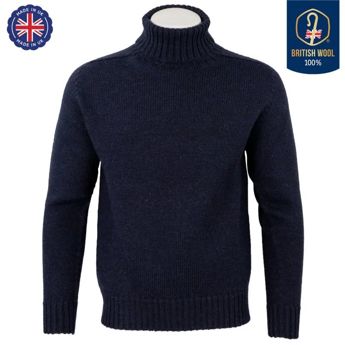 Front view of WW2 British Navy and RAF wool roll neck jumper in navy blue on mannequin