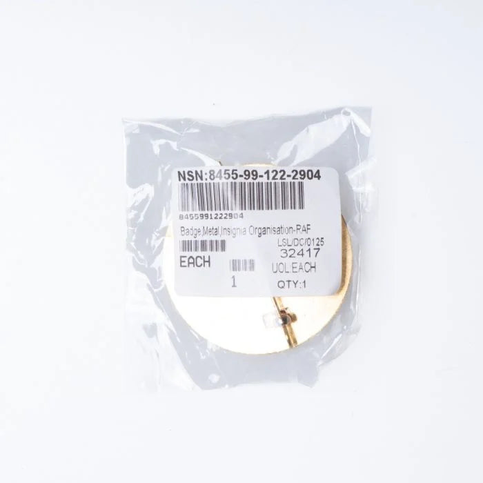 Sealed unissued surplus packaging for the RAF beret badge showing the official NSN 8455-99-122-2904 label.