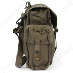 Profile view of SADF Pattern 70 small pack showing metal clip hardware and press studs