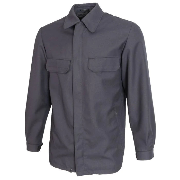 Front view of closed dark blue Bundeswehr Feuerwehr deck jacket with storm-flapped front zip