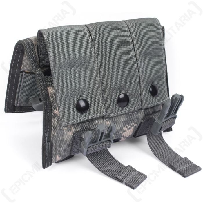 Open outer flap of US military AT-Digital camo triple ammo pouch showing three internal pocket flaps