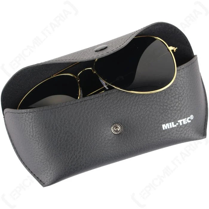 Mil-Tec US Aviator gold frame sunglasses resting inside open black faux-leather case