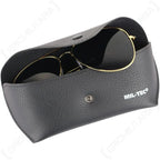 Mil-Tec US Aviator gold frame sunglasses resting inside open black faux-leather case