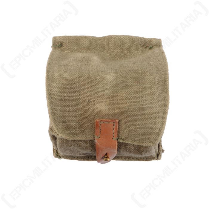 Front view of original Russian Army canvas grenade pouch with leather closure strap and brass stud post