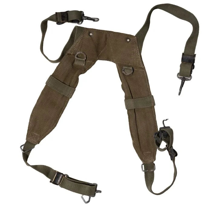 Flat view of the padded Greek Army M56 canvas H-harness suspenders with metal attachment clips