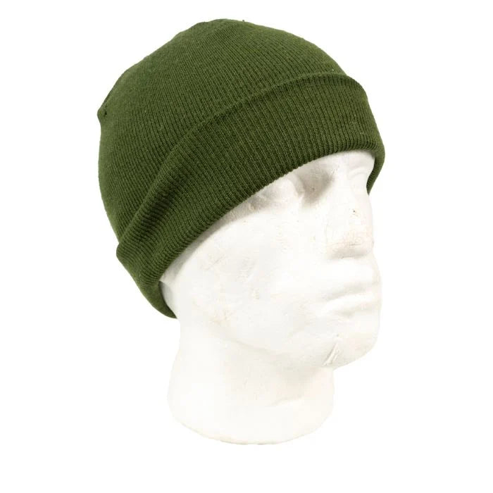 Genuine Dutch Army olive green wool-rich beanie hat worn on a white mannequin head, displaying ribbed knit construction.