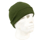 Genuine Dutch Army olive green wool-rich beanie hat worn on a white mannequin head, displaying ribbed knit construction.
