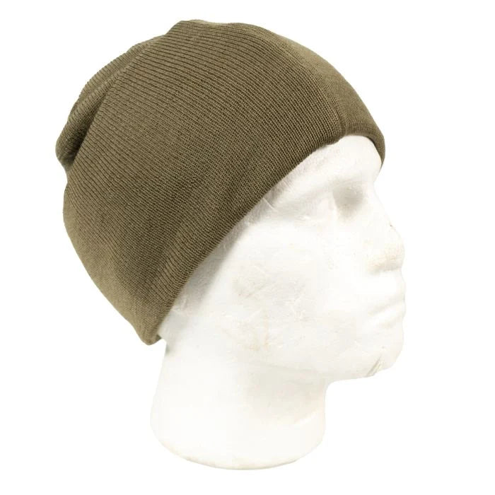 Dutch Army beanie hat in a folded olive green tone on a white mannequin, highlighting the durable wool-rich fabric blend.