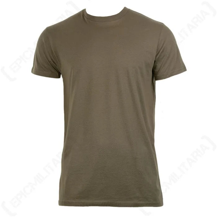 Olive drab military-style BDU T-Shirt with a standard fit, ideal as a base layer for tactical combat jackets and vests.