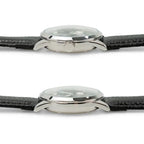 Side profile view showing the polished stainless steel case and domed crystal of the German service watch