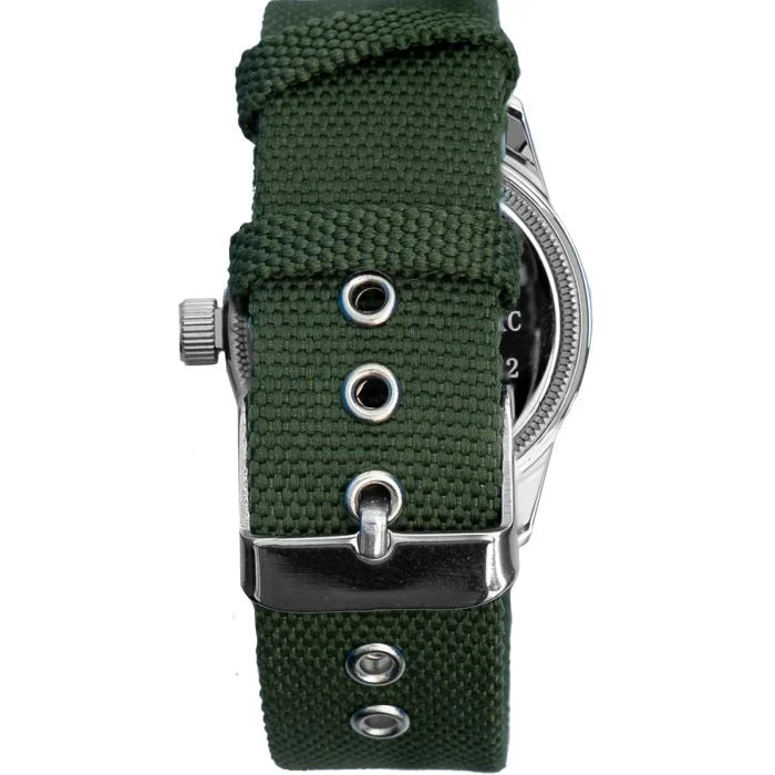 Close-up of olive drab canvas watch strap buckle with metal reinforced eyelets