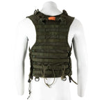 Rear view showing the orange emergency drag handle and back PALS webbing rows