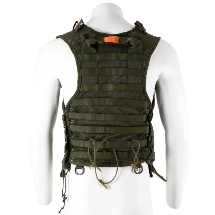 Rear view showing the orange emergency drag handle and back PALS webbing rows