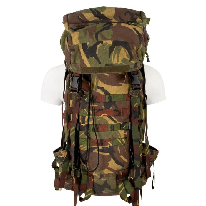 Original Dutch Army 60L rucksack in Dutch DPM woodland camo, front view showing buckle straps and horizontal webbing.