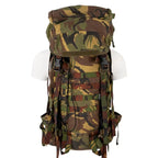 Original Dutch Army 60L rucksack in Dutch DPM woodland camo, front view showing buckle straps and horizontal webbing.