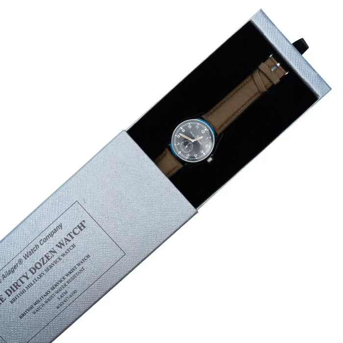 Ailager Dirty Dozen British Army watch displayed inside the silver slide-out presentation box