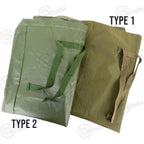 Folded original Belgian military duffel bags showing Type 1 nylon and Type 2 rubberised finish
