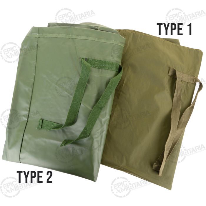 Folded original Belgian military duffel bags showing Type 1 nylon and Type 2 rubberised finish