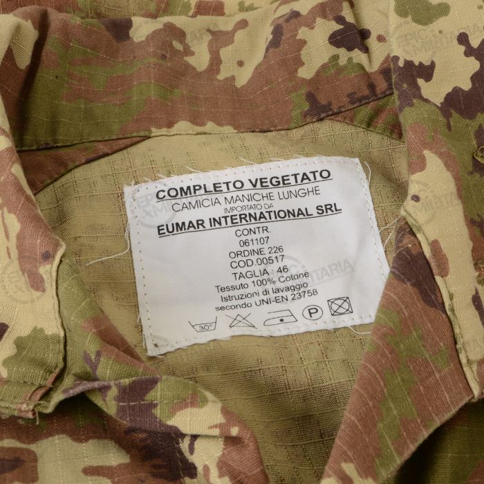 Front view of Italian Army Vegetato camo field shirt on display