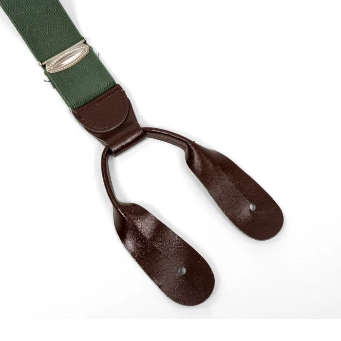Close-up of dark brown leather button loop tab on Czech M60 army suspenders