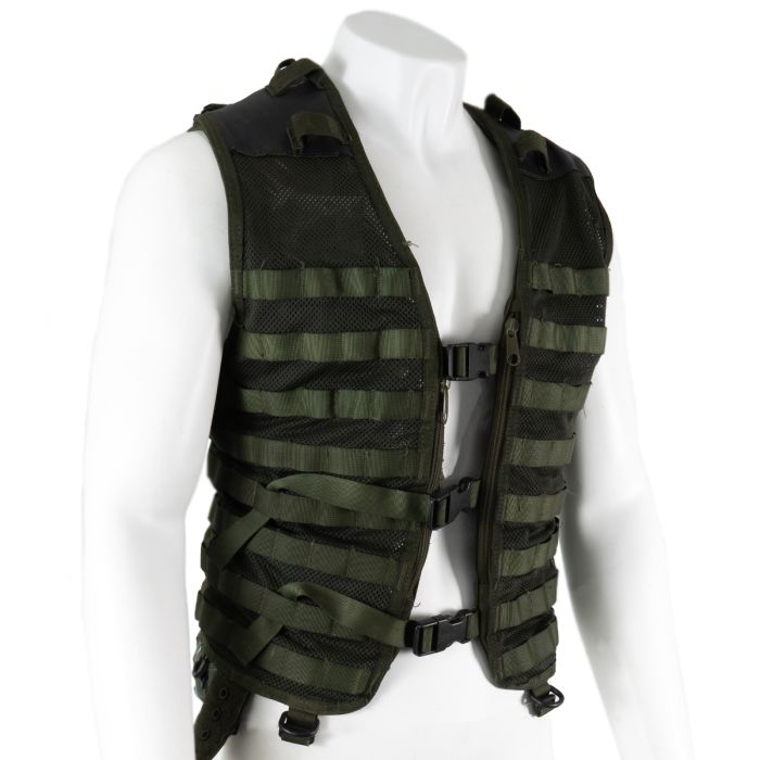 Three-quarter angle view of genuine Dutch military modular tactical vest showing side paracord adjustment lacing