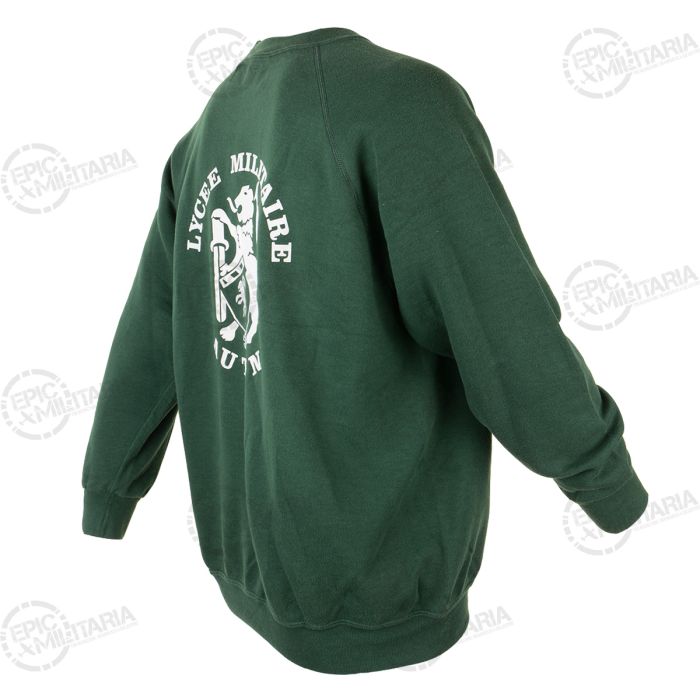 Three-quarter rear view of green jumper showing white Lycée Militaire Autun print