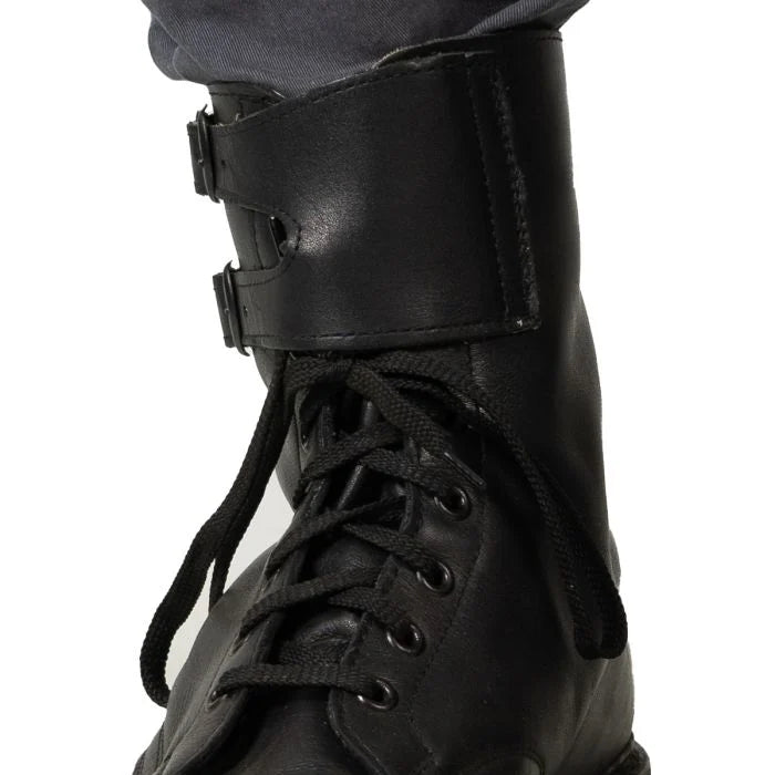 Detailed close-up of the double buckle collar and laces on an Austrian Army M75 Feldschuh boot.