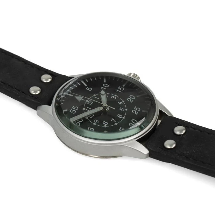 Angled side profile of the B-Uhr pilot watch highlighting the domed cut glass crystal and matte alloy case